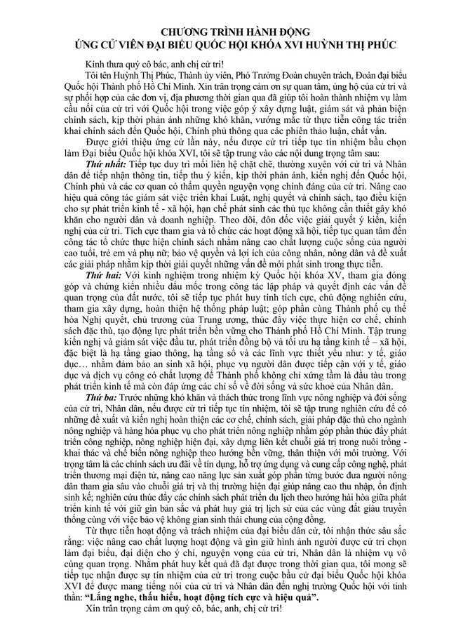 Chương trình hành động Ứng cử viên Đại biểu Quốc hội Khóa XVI Huỳnh Thị Phúc- Ảnh 2.