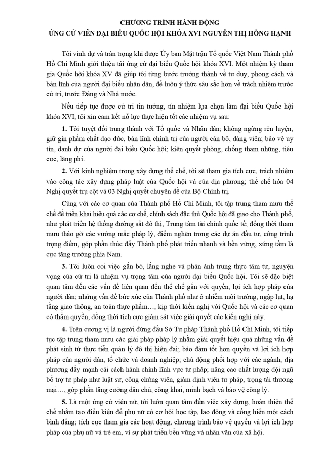 Chương trình hành động Ứng cử viên Đại biểu Quốc hội Khóa XVI Nguyễn Thị Hồng Hạnh - Ảnh 3.