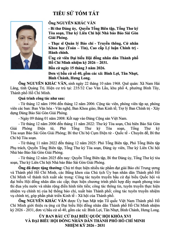 Chương trình hành động Ứng cử viên Đại biểu Hội đồng nhân dân TP. Hồ Chí Minh Khóa XI Nguyễn Khắc Văn- Ảnh 1.