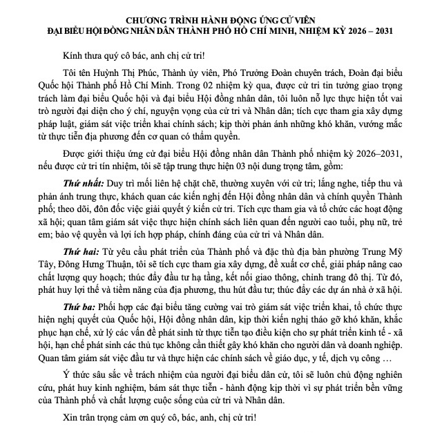 Chương trình hành động Ứng cử viên Đại biểu Hội đồng nhân dân TP. Hồ Chí Minh Khóa XI Huỳnh Thị Phúc - Ảnh 2.