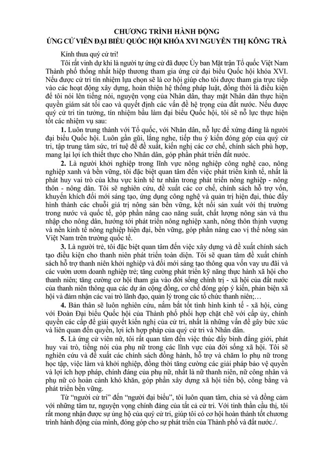 Chương trình hành động Ứng cử viên Đại biểu Quốc hội Khóa XVI Nguyễn Thị Kông Trà (Nguyễn Ngọc Hương)- Ảnh 2.