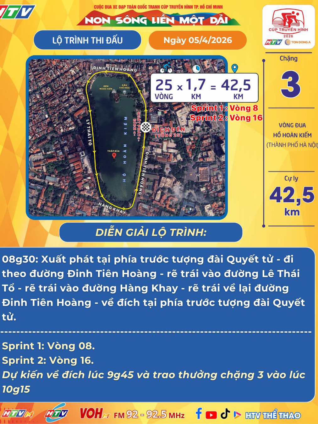 Giới thiệu lộ trình Chặng 3 - Cúp Truyền hình TP. Hồ Chí Minh 2026: Vòng đua quanh hồ Hoàn Kiếm