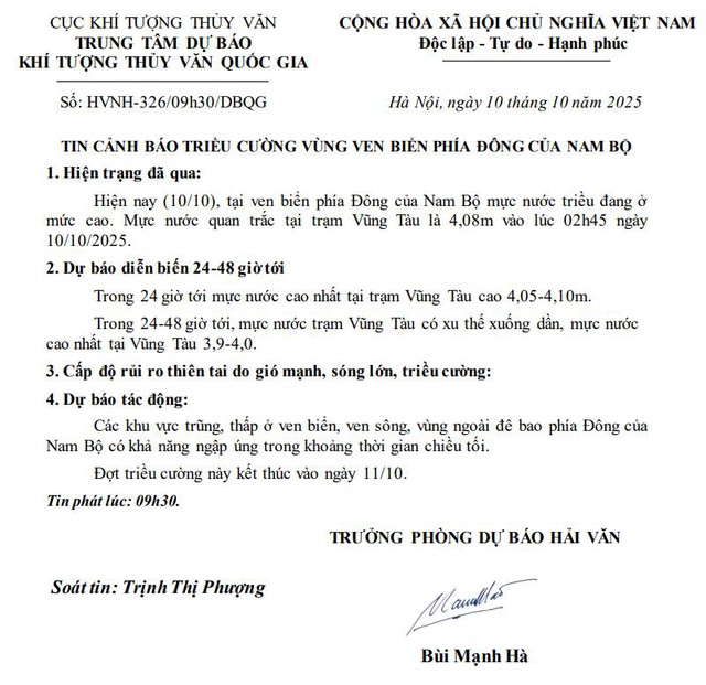 Tin cảnh báo: Triều cường tại ven biển phía Đông Nam Bộ dự kiến kết thúc vào 11/10 - Ảnh 1.