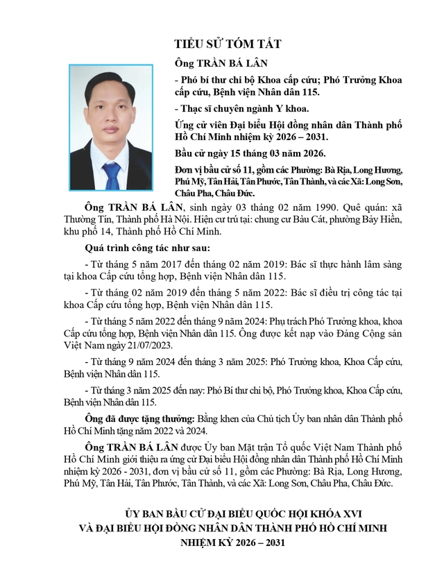Tóm tắt tiểu sử ông Trần Bá Lân ứng cử Hội đồng nhân dân TP. Hồ Chí Minh Khóa XI - Ảnh 1.