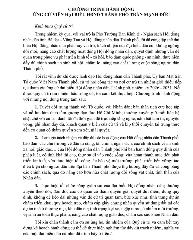 Chương trình hành động Ứng cử viên Đại biểu Hội đồng nhân dân TP. Hồ Chí Minh Khóa XI Trần Mạnh Đức - Ảnh 2.
