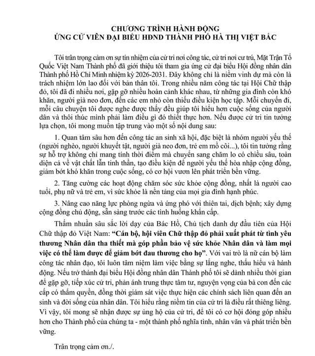 Chương trình hành động Ứng cử viên Đại biểu Hội đồng nhân dân TP. Hồ Chí Minh Khóa XI Hà Thị Việt Bắc - Ảnh 2.