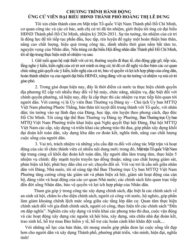 Chương trình hành động Ứng cử viên Đại biểu Hội đồng nhân dân TP. Hồ Chí Minh Khóa XI Hoàng Thị Lê Dung - Ảnh 2.