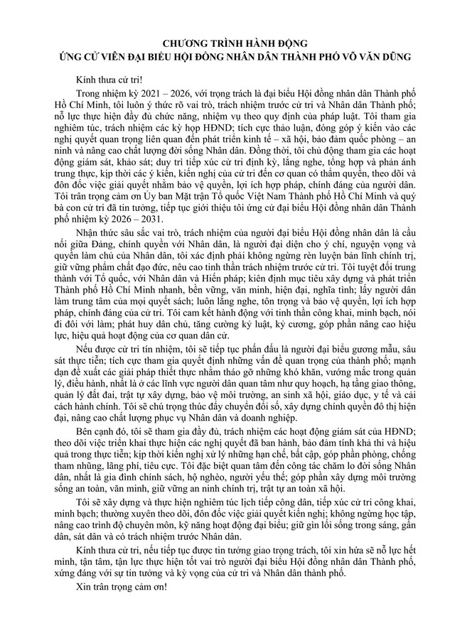 Chương trình hành động Ứng cử viên Đại biểu Hội đồng nhân dân TP. Hồ Chí Minh Khóa XI Võ Văn Dũng - Ảnh 2.