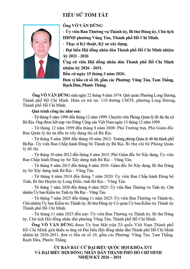 Tóm tắt tiểu sử ông Võ Văn Dũng ứng cử Hội đồng nhân dân TP. Hồ Chí Minh Khóa XI - Ảnh 1.