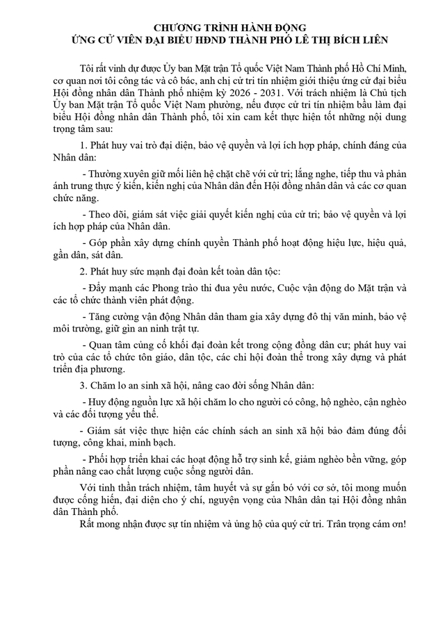 Chương trình hành động Ứng cử viên Đại biểu Hội đồng nhân dân TP. Hồ Chí Minh Khóa XI Lê Thị Bích Liên - Ảnh 2.