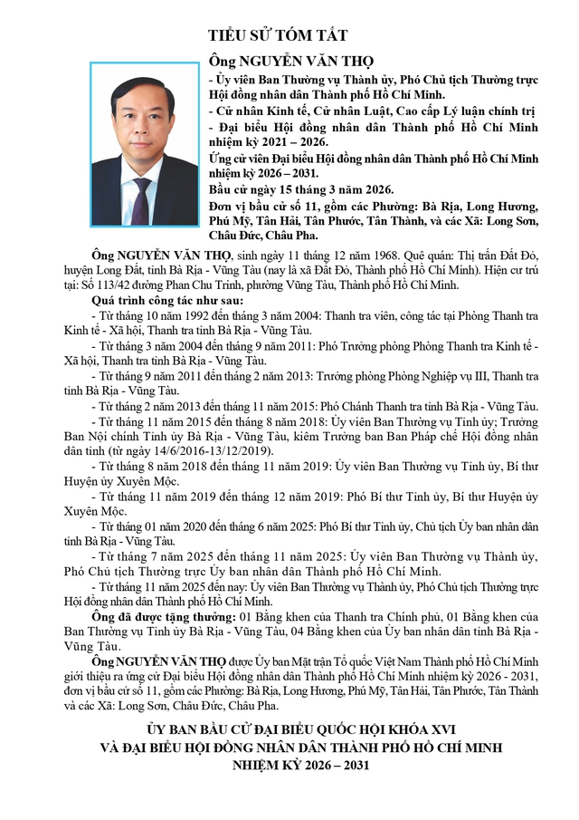 Tóm tắt tiểu sử ông Nguyễn Văn Thọ ứng cử Hội đồng nhân dân TP. Hồ Chí Minh Khóa XI - Ảnh 1.