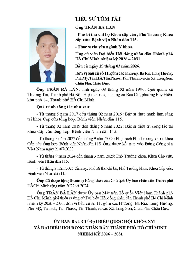 Chương trình hành động Ứng cử viên Đại biểu Hội đồng nhân dân TP. Hồ Chí Minh Khóa XI Trần Bá Lân - Ảnh 1.