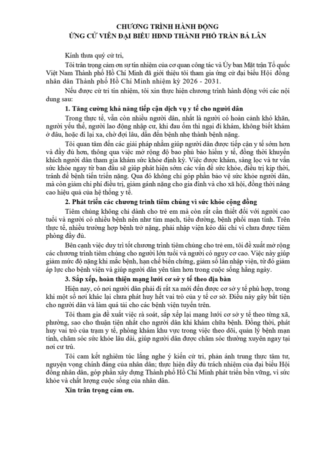 Chương trình hành động Ứng cử viên Đại biểu Hội đồng nhân dân TP. Hồ Chí Minh Khóa XI Trần Bá Lân - Ảnh 2.