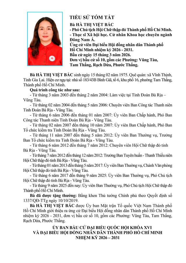 Tóm tắt tiểu sử bà Hà Thị Việt Bắc ứng cử Hội đồng nhân dân TP. Hồ Chí Minh Khóa XI - Ảnh 1.