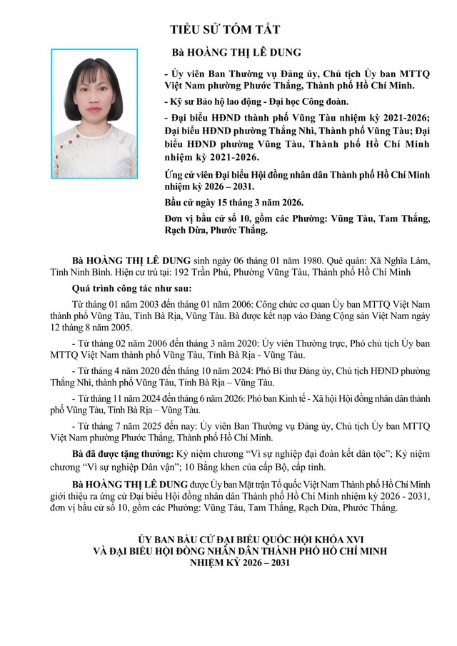 Tóm tắt tiểu sử bà Hoàng Thị Lê Dung ứng cử Hội đồng nhân dân TP. Hồ Chí Minh Khóa XI - Ảnh 1.