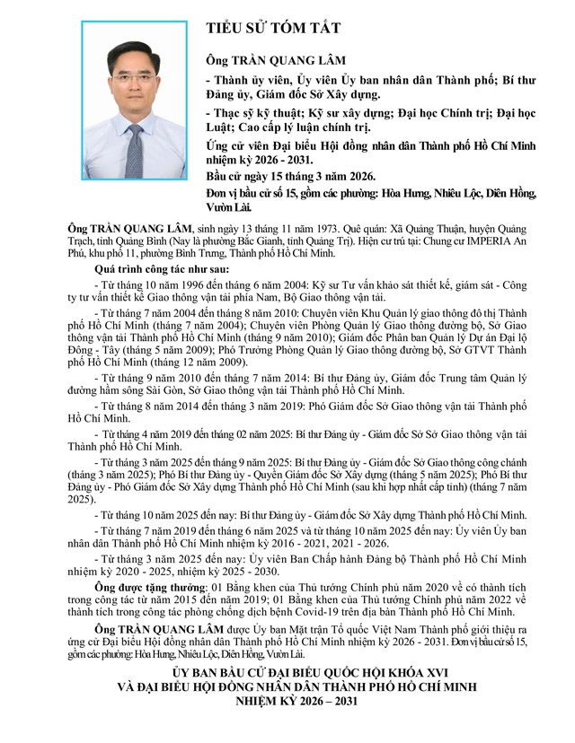 Tóm tắt tiểu sử ông Trần Quang Lâm ứng cử Hội đồng nhân dân TP. Hồ Chí Minh Khóa XI - Ảnh 1.