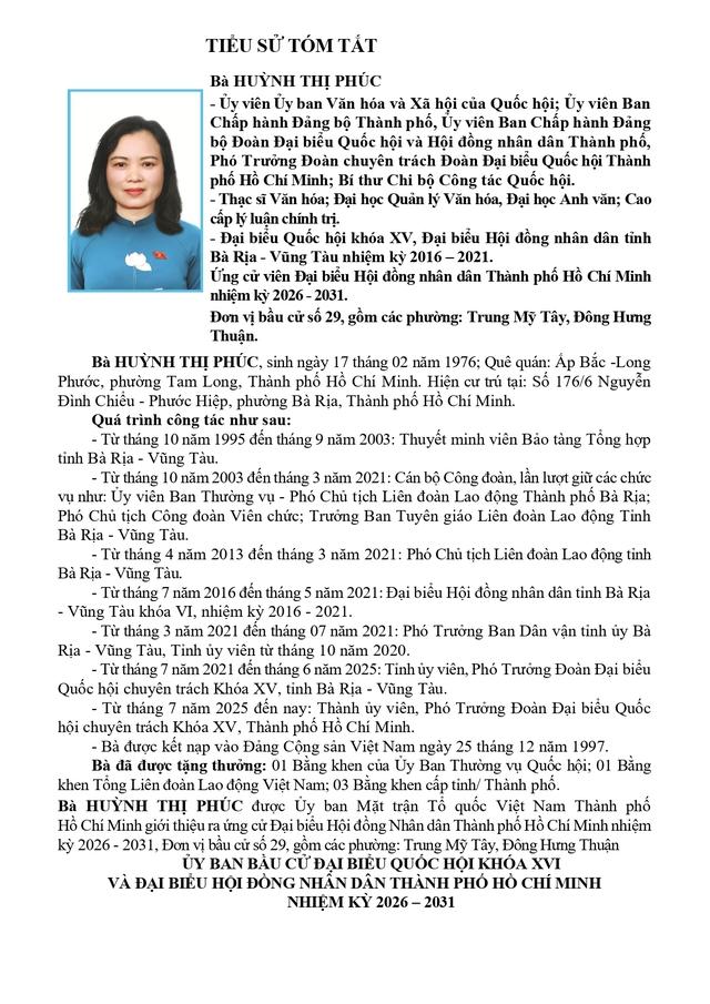 Tóm tắt tiểu sử bà Huỳnh Thị Phúc ứng cử Hội đồng nhân dân TP. Hồ Chí Minh Khóa XI - Ảnh 1.