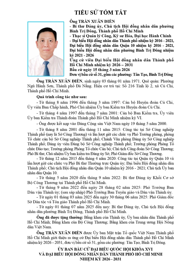 Tóm tắt tiểu sử ông/bà XXX ứng cử Hội đồng nhân dân TP. Hồ Chí Minh Khóa XI - Ảnh 1.