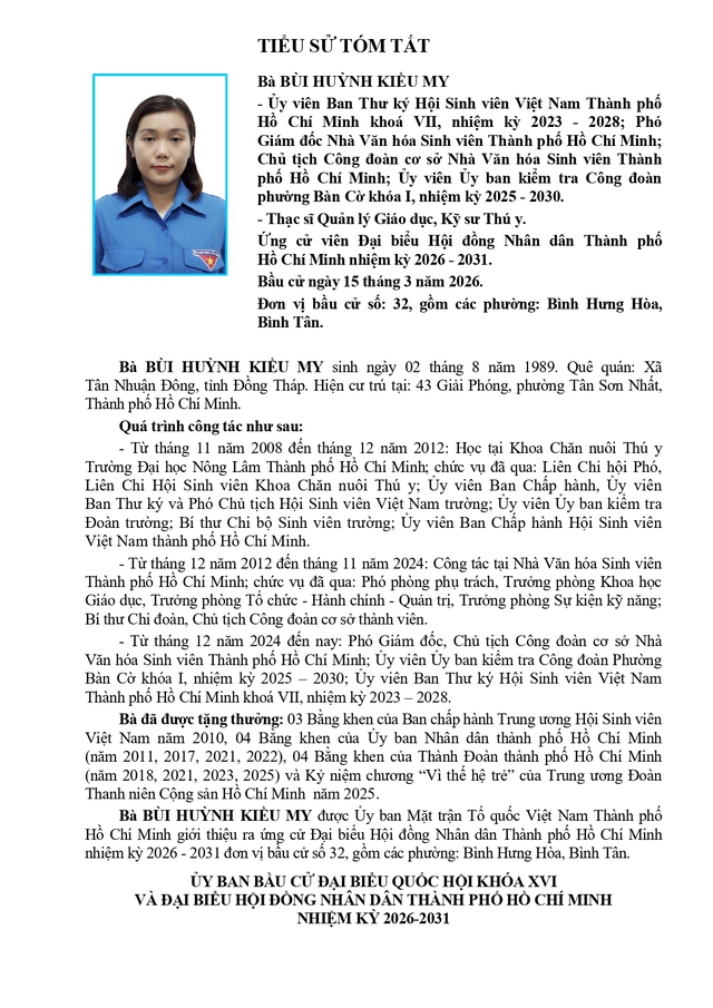 Tóm tắt tiểu sử bà Bùi Huỳnh Kiều My ứng cử Hội đồng nhân dân TP. Hồ Chí Minh Khóa XI - Ảnh 1.