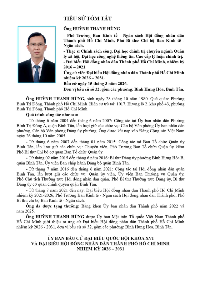 Tóm tắt tiểu sử ông Huỳnh Thanh Hùng ứng cử Hội đồng nhân dân TP. Hồ Chí Minh Khóa XI - Ảnh 1.