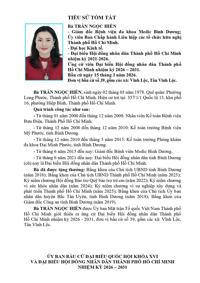Tóm tắt tiểu sử bà Trần Ngọc Hiền ứng cử Hội đồng nhân dân TP. Hồ Chí Minh Khóa XI - Ảnh 1.
