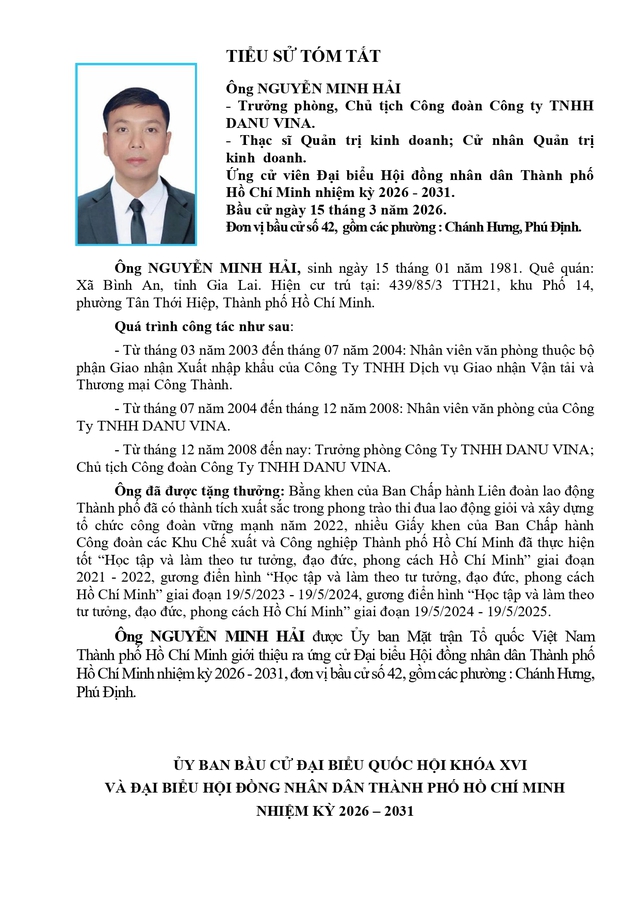 Tóm tắt tiểu sử ông Nguyễn Minh Hải ứng cử Hội đồng nhân dân TP. Hồ Chí Minh Khóa XI- Ảnh 1.