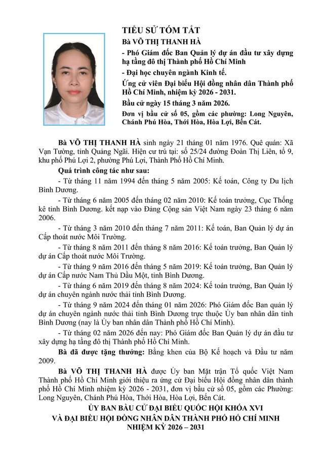 Tóm tắt tiểu sử bà Võ Thị Thanh Hà ứng cử Hội đồng nhân dân TP. Hồ Chí Minh Khóa XI- Ảnh 1.