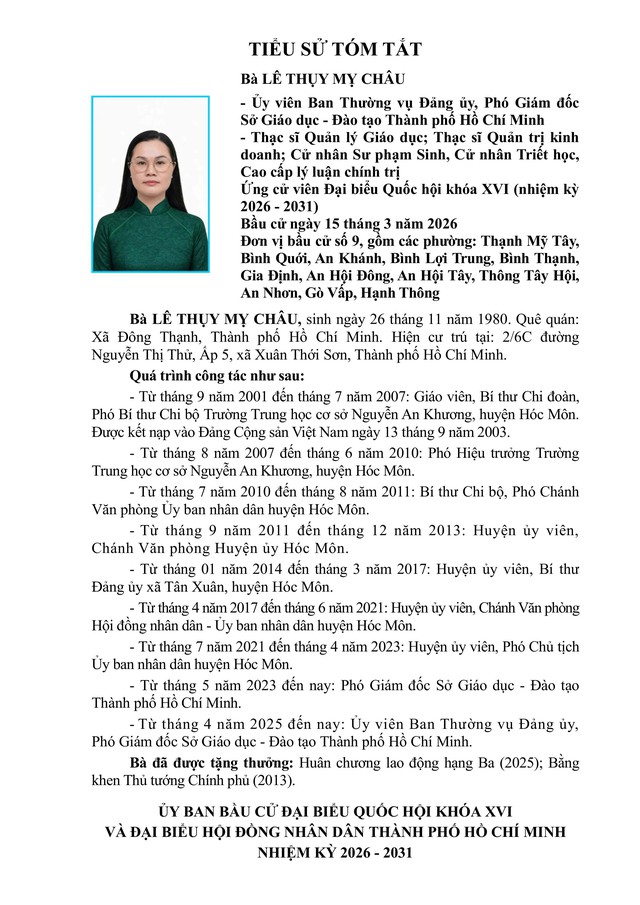Tóm tắt tiểu sử bà Lê Thụy Mỵ Châu ứng cử Đại biểu Quốc hội Khóa XVI - Ảnh 1.