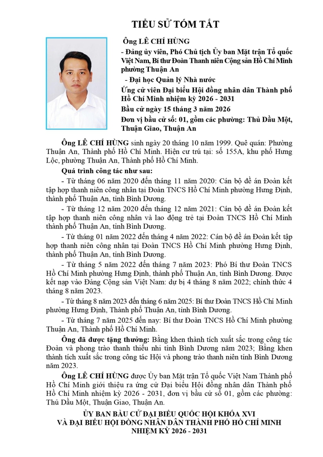Chương trình hành động Ứng cử viên Đại biểu Hội đồng nhân dân TP. Hồ Chí Minh Khóa XI Lê Chí Hùng - Ảnh 1.