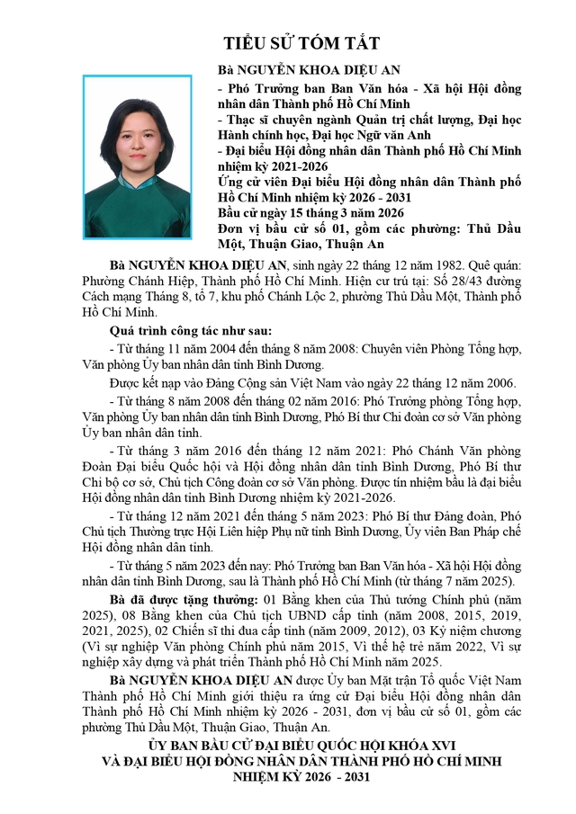 Chương trình hành động Ứng cử viên Đại biểu Hội đồng nhân dân TP. Hồ Chí Minh Khóa XI Nguyễn Khoa Diệu An - Ảnh 1.
