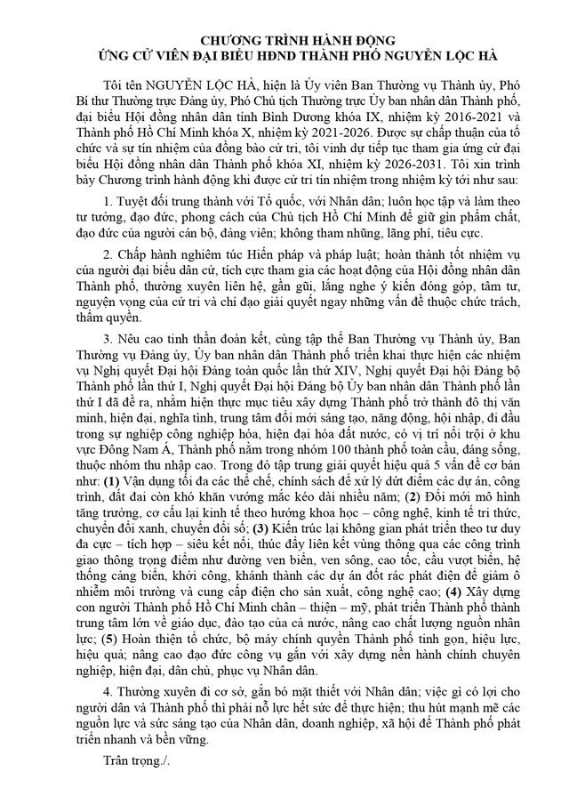 Chương trình hành động Ứng cử viên Đại biểu Hội đồng nhân dân TP. Hồ Chí Minh Khóa XI Nguyễn Lộc Hà - Ảnh 2.