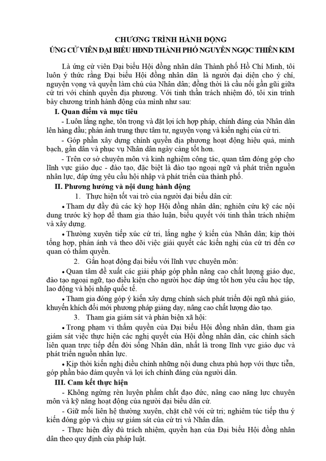 Chương trình hành động Ứng cử viên Đại biểu Hội đồng nhân dân TP. Hồ Chí Minh Khóa XI Nguyễn Ngọc Thiên Kim - Ảnh 2.