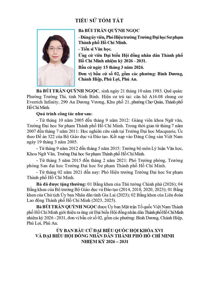 Chương trình hành động Ứng cử viên Đại biểu Hội đồng nhân dân TP. Hồ Chí Minh Khóa XI Bùi Trần Quỳnh Ngọc - Ảnh 1.