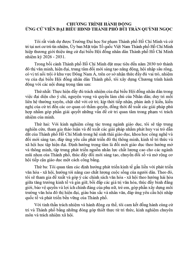 Chương trình hành động Ứng cử viên Đại biểu Hội đồng nhân dân TP. Hồ Chí Minh Khóa XI Bùi Trần Quỳnh Ngọc - Ảnh 2.