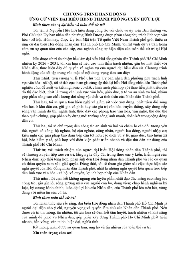 Chương trình hành động Ứng cử viên Đại biểu Hội đồng nhân dân TP. Hồ Chí Minh Khóa XI Nguyễn Hữu Lợi - Ảnh 2.
