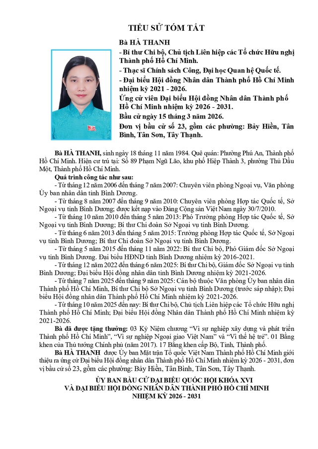 Tóm tắt tiểu sử bà Hà Thanh ứng cử Hội đồng nhân dân TP. Hồ Chí Minh Khóa XI - Ảnh 1.