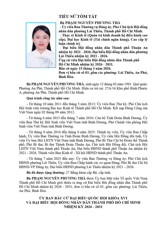 Tóm tắt tiểu sử bà Phạm Nguyễn Phương Thà ứng cử Hội đồng nhân dân TP. Hồ Chí Minh Khóa XI - Ảnh 1.