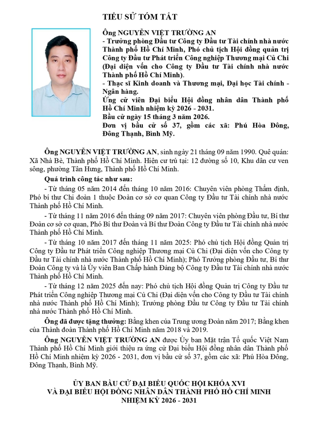 Tóm tắt tiểu sử ông Nguyễn Việt Trường An ứng cử Hội đồng nhân dân TP. Hồ Chí Minh Khóa XI - Ảnh 1.