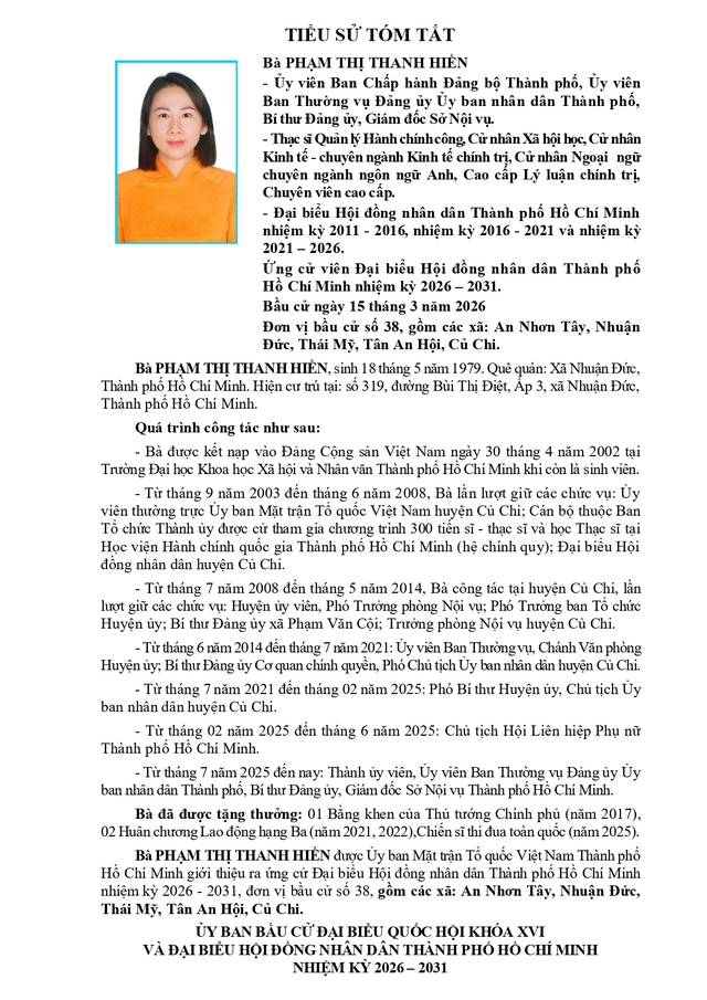 Tóm tắt tiểu sử bà Phạm Thị Thanh Hiền ứng cử Hội đồng nhân dân TP. Hồ Chí Minh Khóa XI - Ảnh 1.