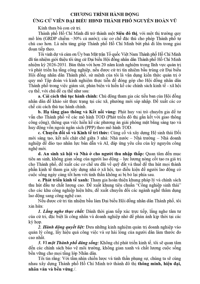 Chương trình hành động Ứng cử viên Đại biểu Hội đồng nhân dân TP. Hồ Chí Minh Khóa XI Nguyễn Hoàn Vũ - Ảnh 2.