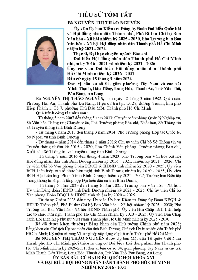 Tóm tắt tiểu sử bà Nguyễn Thị Thảo Nguyên ứng cử Hội đồng nhân dân TP. Hồ Chí Minh Khóa XI - Ảnh 1.