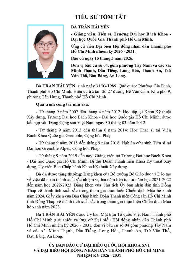 Tóm tắt tiểu sử bà Trần Hải Yến ứng cử Hội đồng nhân dân TP. Hồ Chí Minh Khóa XI - Ảnh 1.