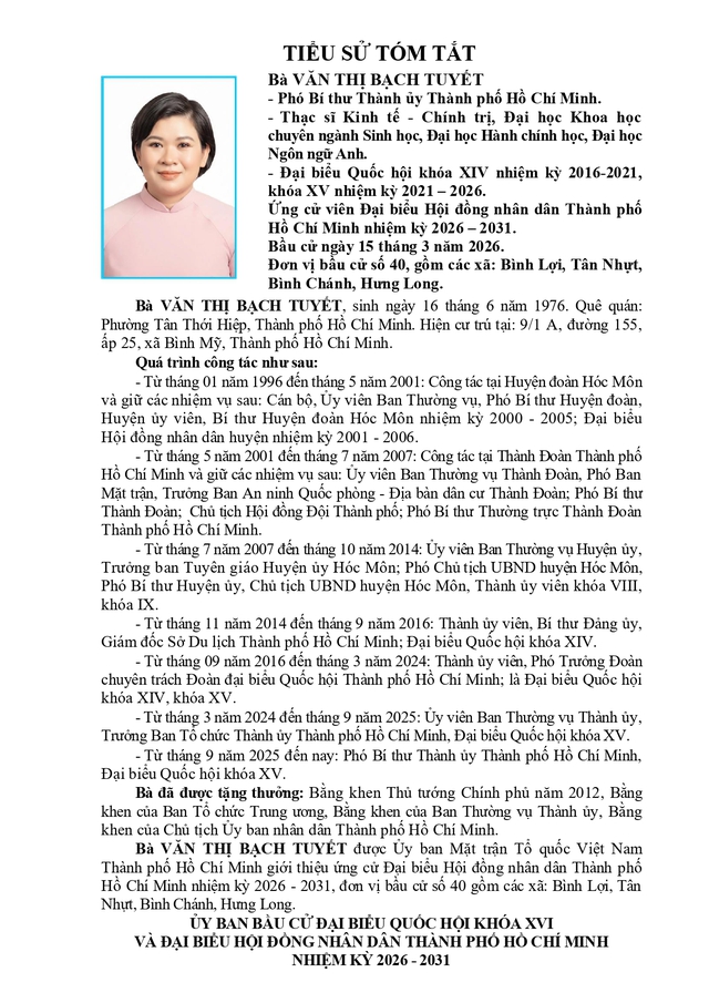Tóm tắt tiểu sử bà Văn Thị Bạch Tuyết ứng cử Hội đồng nhân dân TP. Hồ Chí Minh Khóa XI - Ảnh 1.