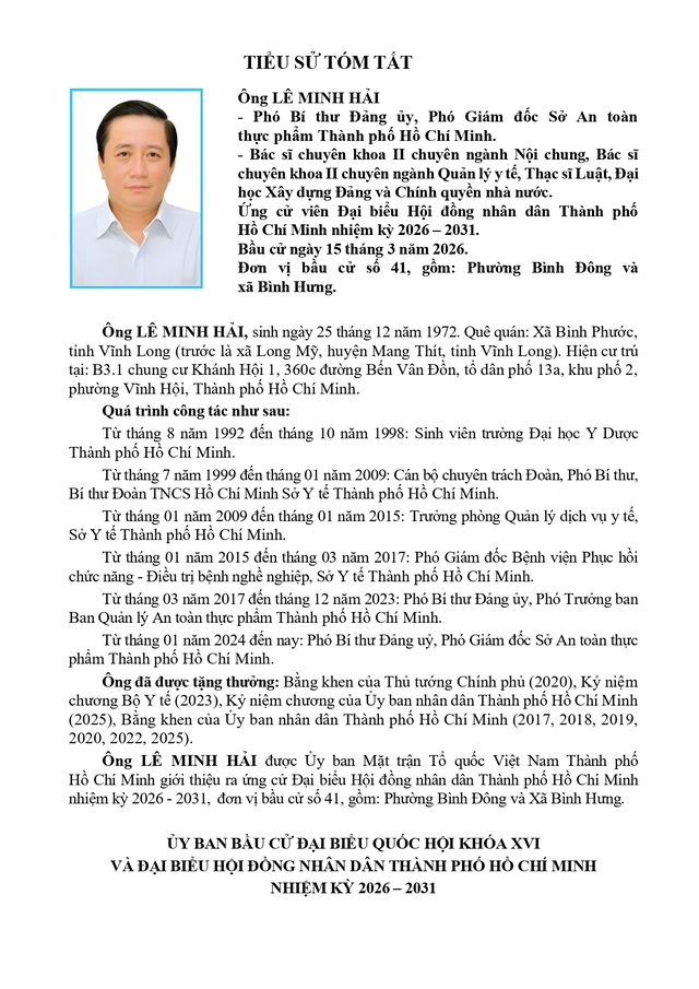 Tóm tắt tiểu sử ông Lê Minh Hải ứng cử Hội đồng nhân dân TP. Hồ Chí Minh Khóa XI - Ảnh 1.