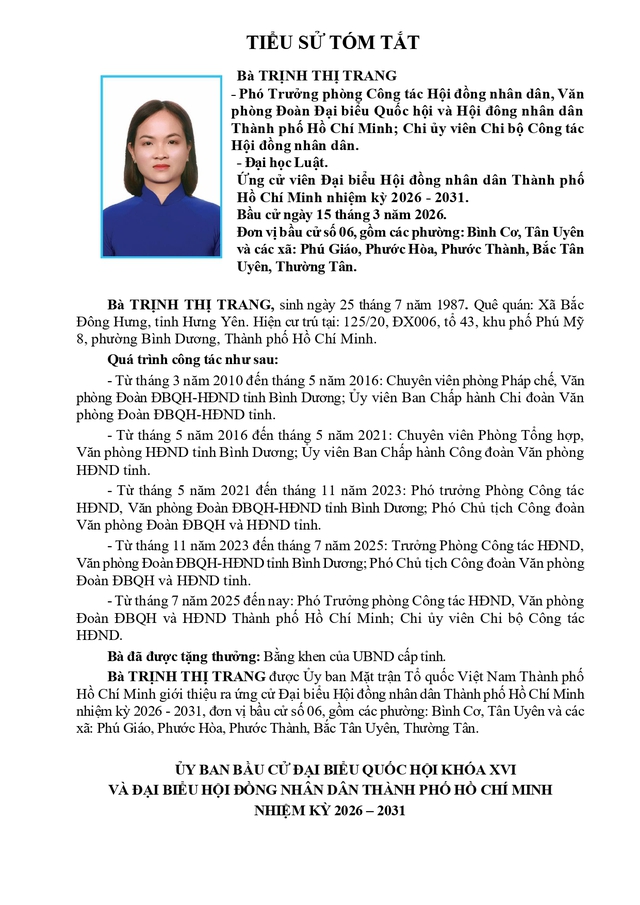 Tóm tắt tiểu sử bà Trịnh Thị Trang ứng cử Hội đồng nhân dân TP. Hồ Chí Minh Khóa XI - Ảnh 1.