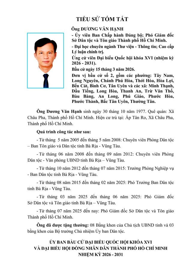 Tóm tắt tiểu sử ông Dương Văn Hạnh ứng cử Đại biểu Quốc hội Khóa XVI - Ảnh 1.