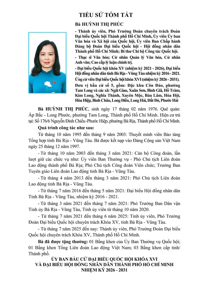Tóm tắt tiểu sử bà Huỳnh Thị Phúc ứng cử Đại biểu Quốc hội Khóa XVI - Ảnh 1.