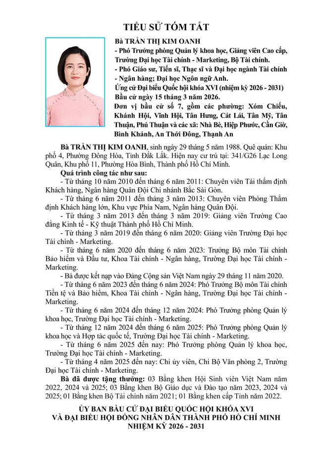 Tóm tắt tiểu sử bà Trần Thị Kim Oanh ứng cử Đại biểu Quốc hội Khóa XVI - Ảnh 1.
