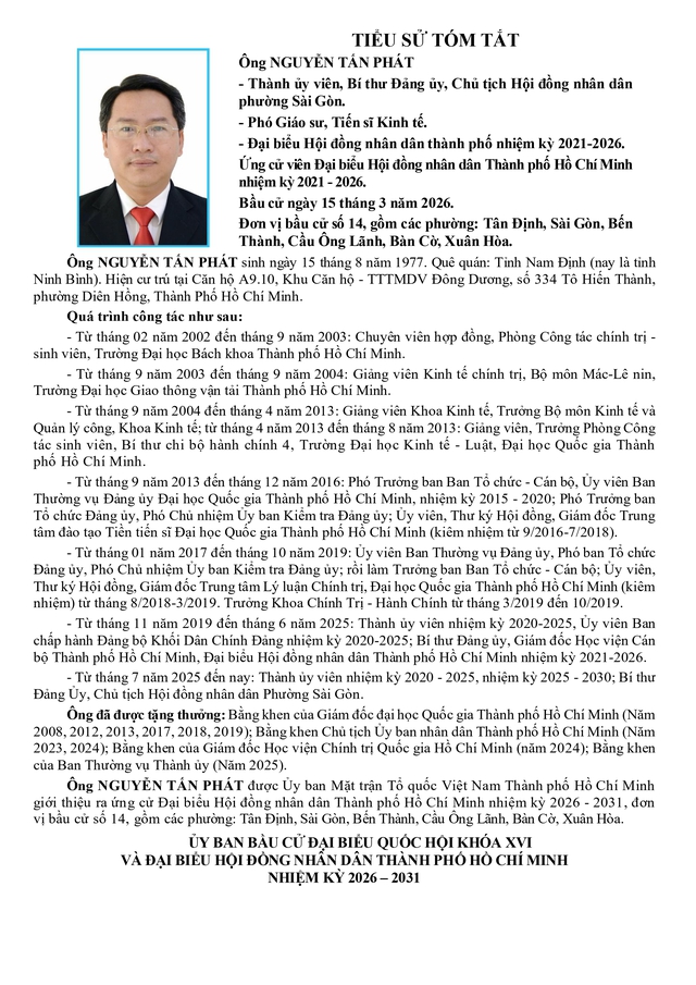 Tóm tắt tiểu sử ông Nguyễn Tấn Phát ứng cử Hội đồng nhân dân TP. Hồ Chí Minh Khóa XI- Ảnh 1.