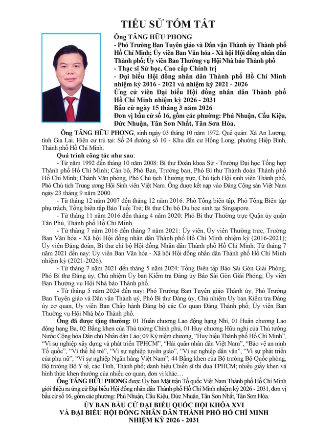 Tóm tắt tiểu sử ông Tăng Hữu Phong ứng cử Hội đồng nhân dân TP. Hồ Chí Minh Khóa XI - Ảnh 1.